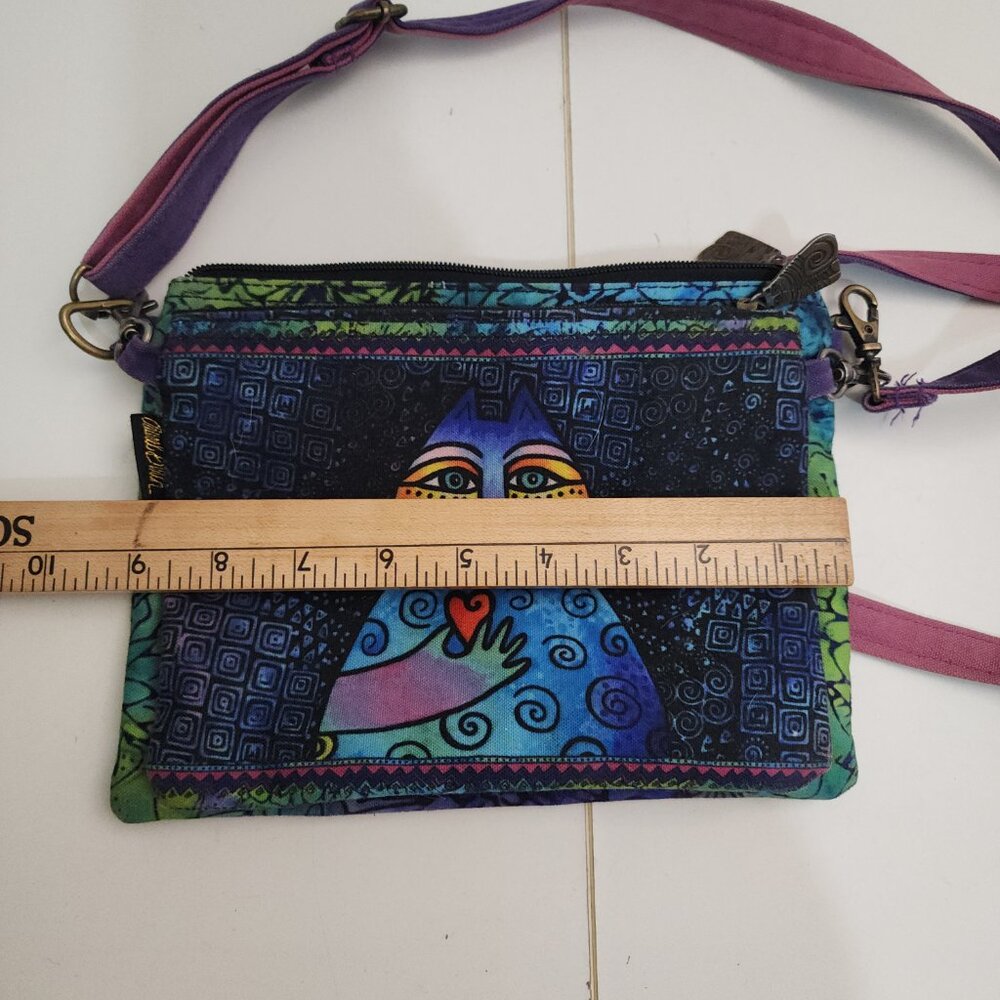 Laurel Burch "Wishing Love Cat" Canvas Crossbody Purse Blue and Green - Picture 9 of 10